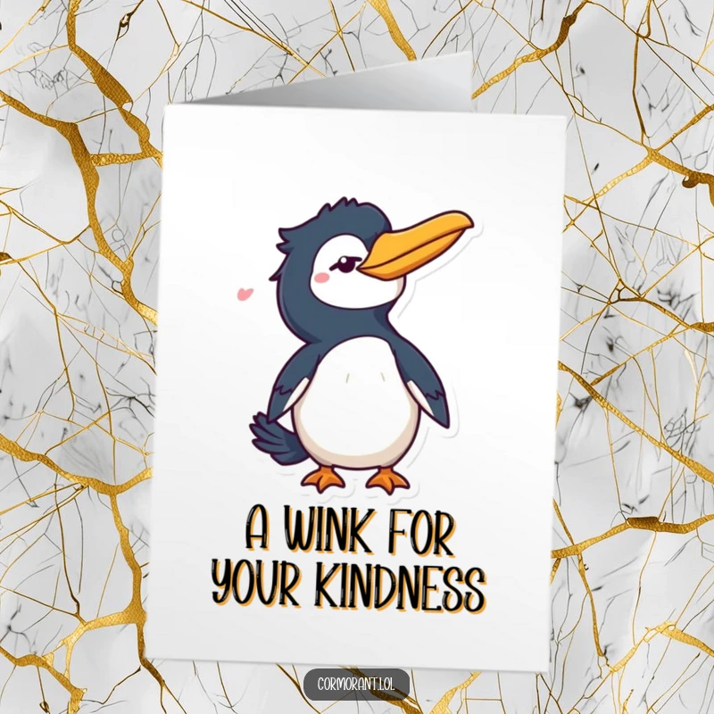 Funny free printable thank you card: A cormorant character winks charmingly and flicks its tail to express thanks.