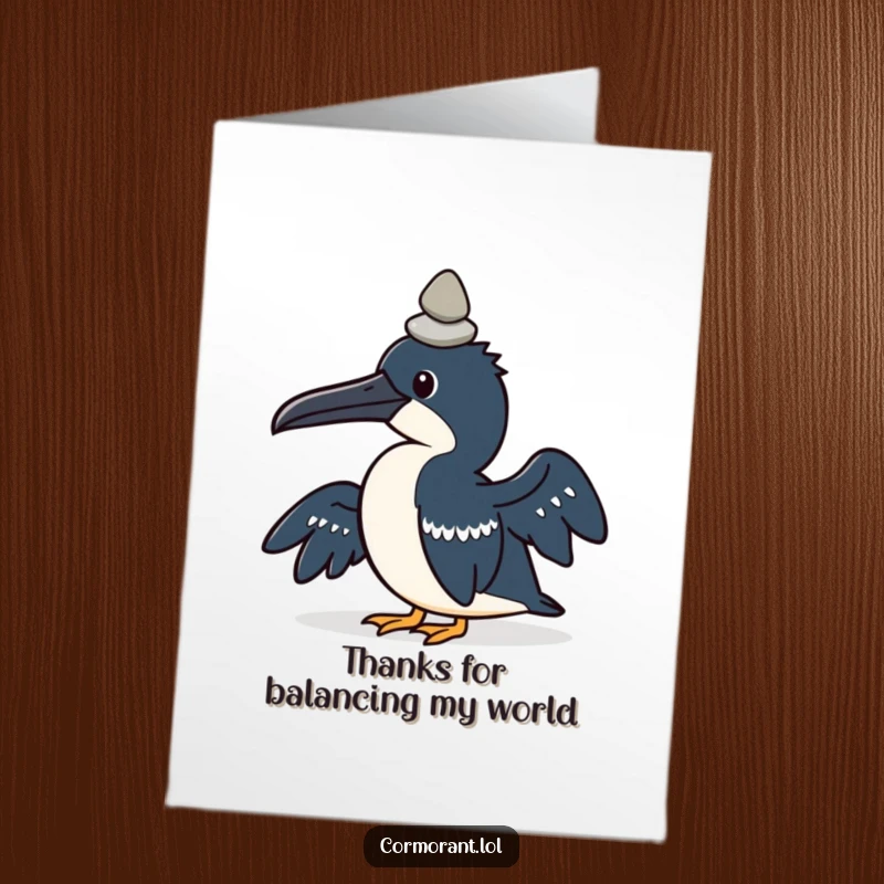 Funny Free Printable Thank You Card: Kawaii cormorant attempting to balance a pebble on its head, unique appreciation.