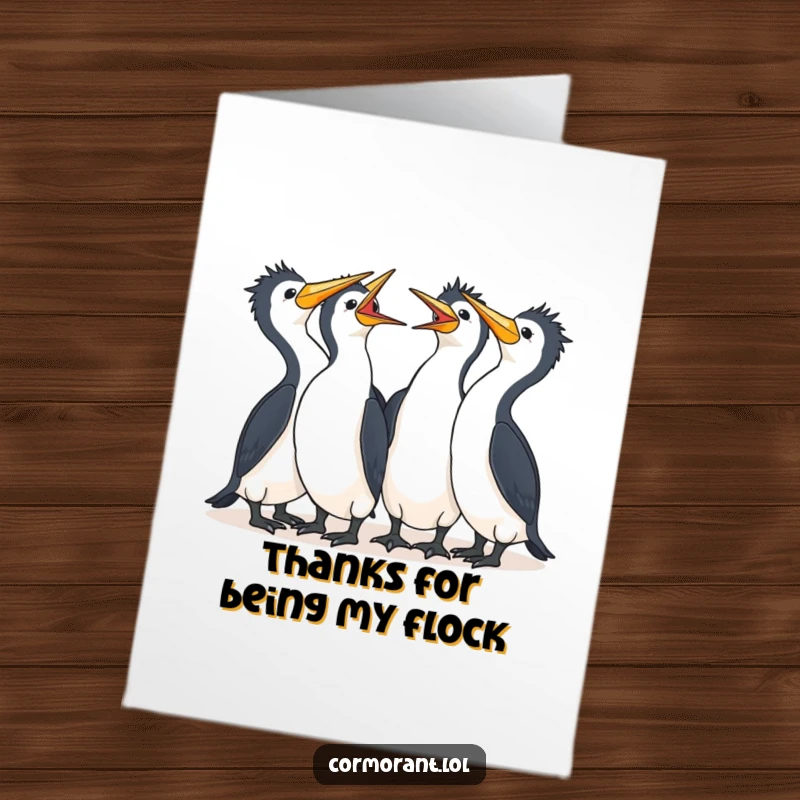 Funny Free Printable Thank You Card: A sweet gaggle of kawaii cormorants in a close huddle, all sharing a joyful laugh.