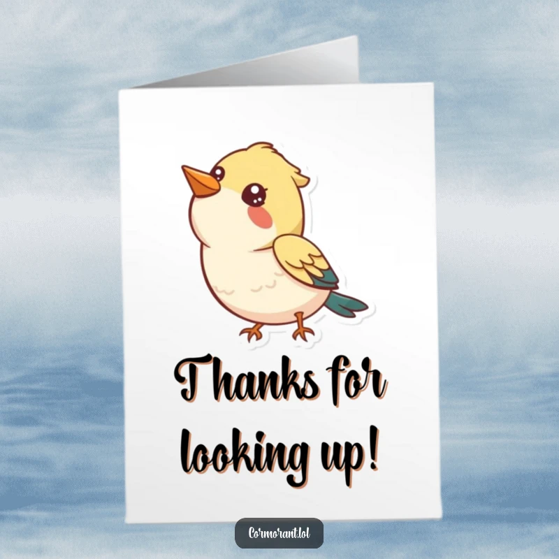 Funny Free Printable Thank You Card showing a bird looking up nostalgically with a happy, curious expression, conveying thanks.