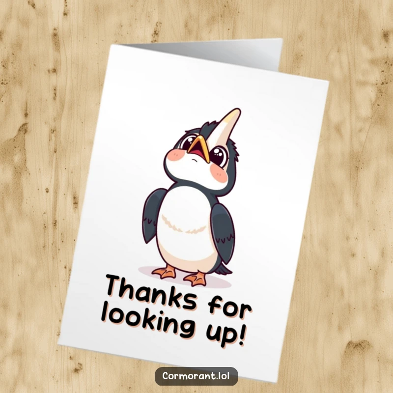 Funny free printable thank you card: a kawaii cormorant looks curiously at the sky with wide eyes and a happy tilt.