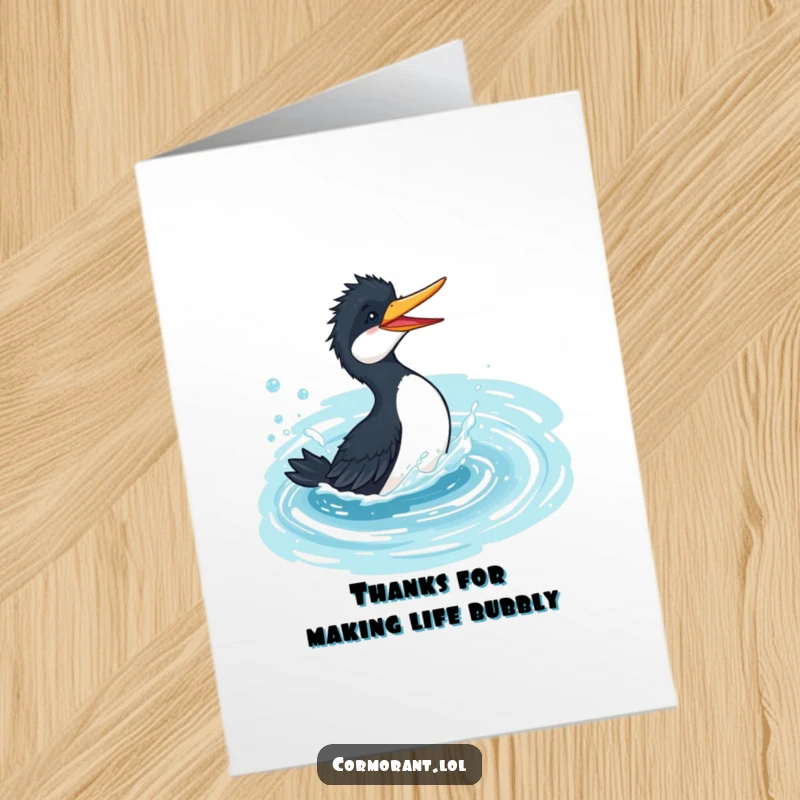 Funny Free Printable Cormorant Thank You Card: A cormorant splashes joyfully in a bubbly pond, offering a fun thank you.