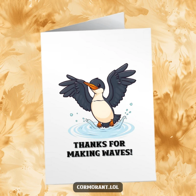 Funny Free Printable Thank You Card of a cormorant joyfully diving into water, expressing thanks.