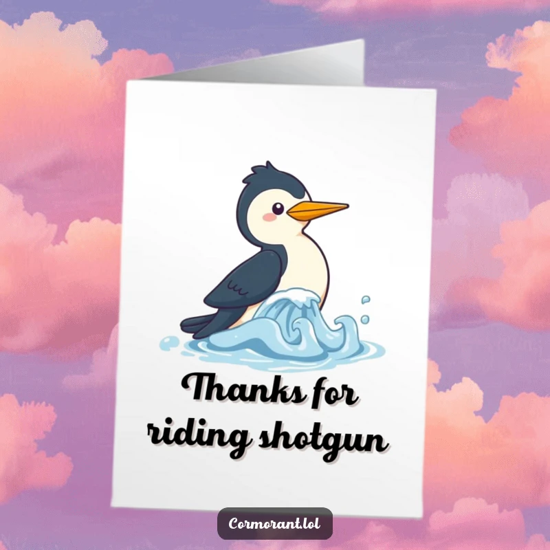 Cute Free Printable Thank You Card: Kawaii cormorant gleefully chasing a small, bouncy ocean wave, conveying thanks.