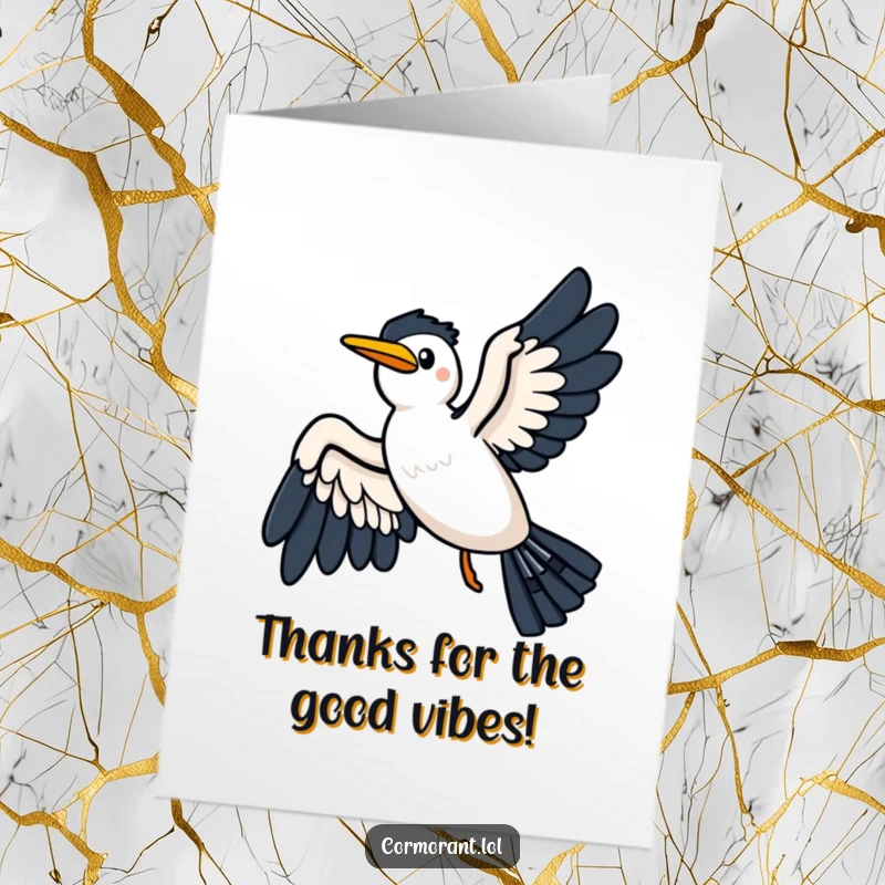 Funny free printable thank you card: a kawaii cormorant glides joyfully on a breeze with wings spread wide.