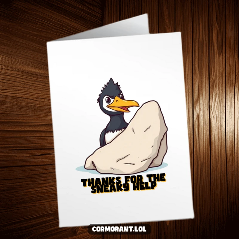 Funny Free Printable Thank You Card: a cormorant with a sly grin peeks from behind a large rock.