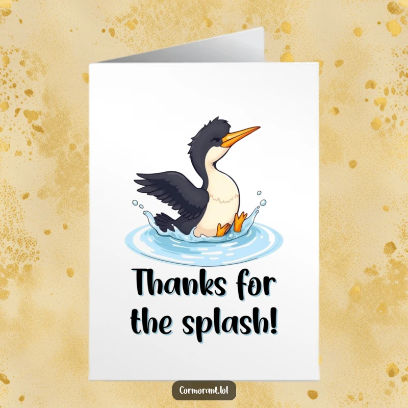Funny Free Printable Thank You Card: Cormorant Playfully Splashing in a Small Pool of Water, Showing Delight