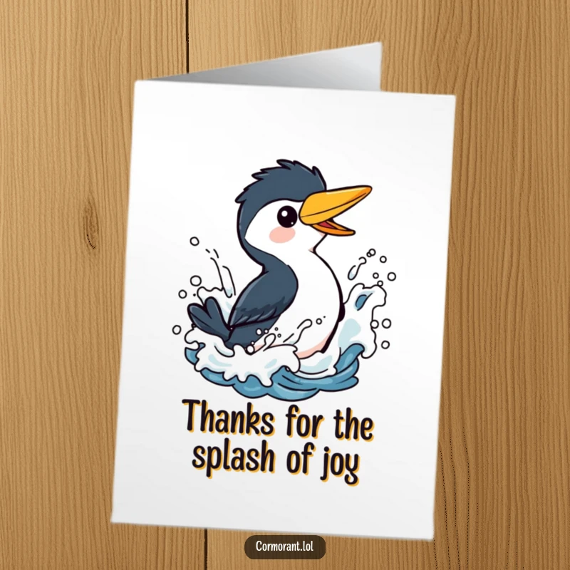 Funny free printable thank you card: A happy cormorant character splashing in stylized waves, expressing thanks.
