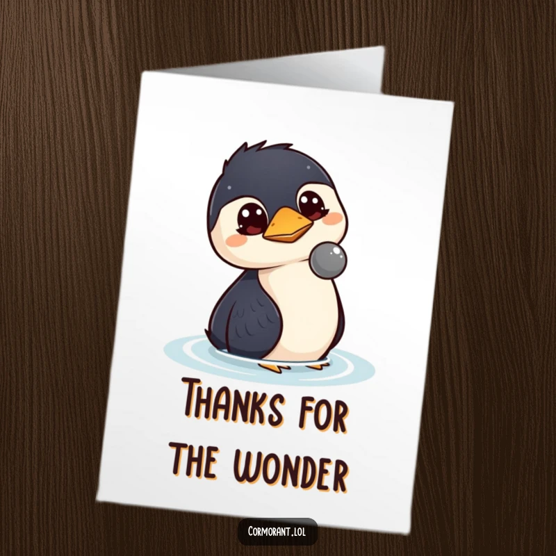 Funny Free Printable Thank You Card: A kawaii cormorant with wide, engaged eyes observes a floating object, conveying a sense of wonder and appreciation.