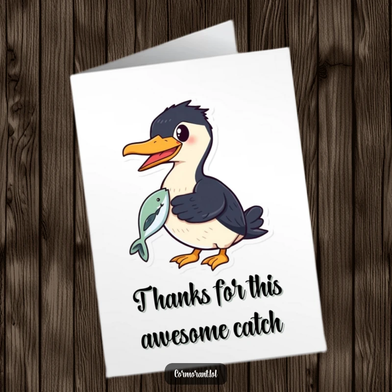 Funny free printable thank you card: a cormorant smiles widely holding a shiny fish in its beak, expressing thanks.