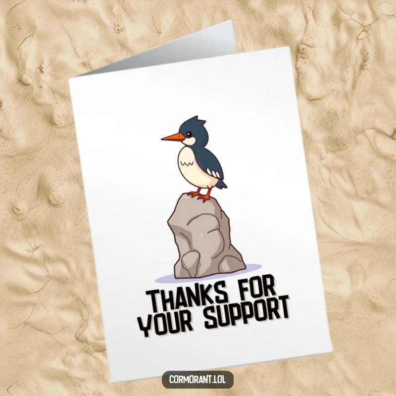 Funny Free Printable Thank You Card: A kawaii cormorant balances with effort on a single, shaking rock.