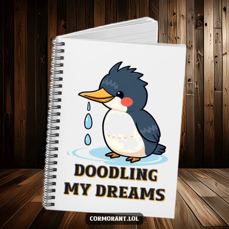 Funny kawaii cormorant notebook cover showing a cute bird happily shaking water droplets off its head, for happy writing.