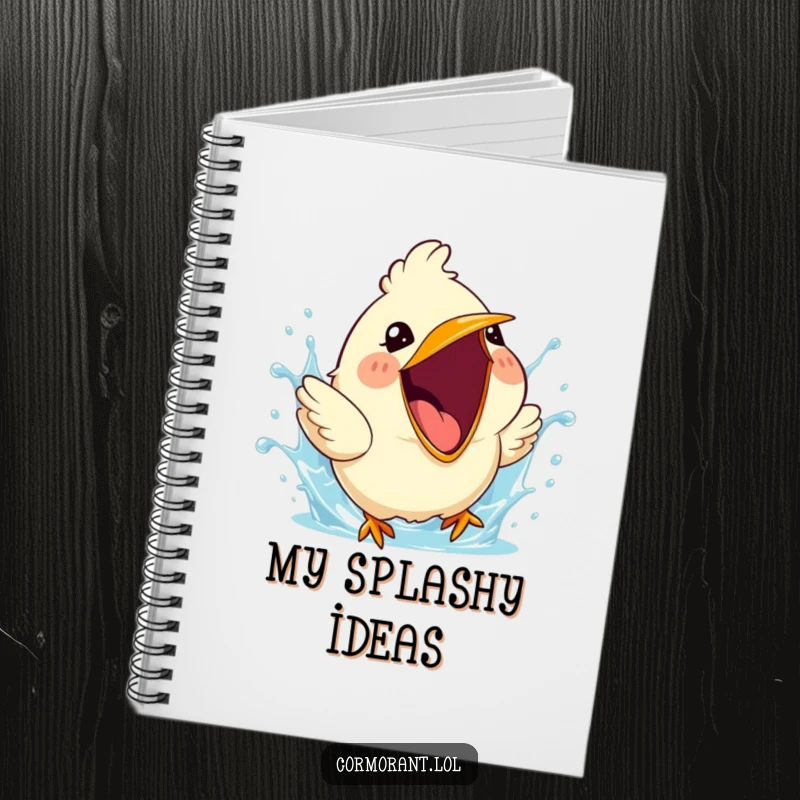 Funny notebook with a cute bird with its beak wide open, creating a joyful splash of water, perfect for journaling.