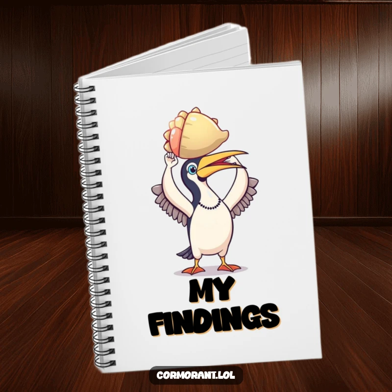 Funny cormorant notebook, proud bird holding a shiny, colorful shell, perfect for journaling, note-taking, and creative writing.
