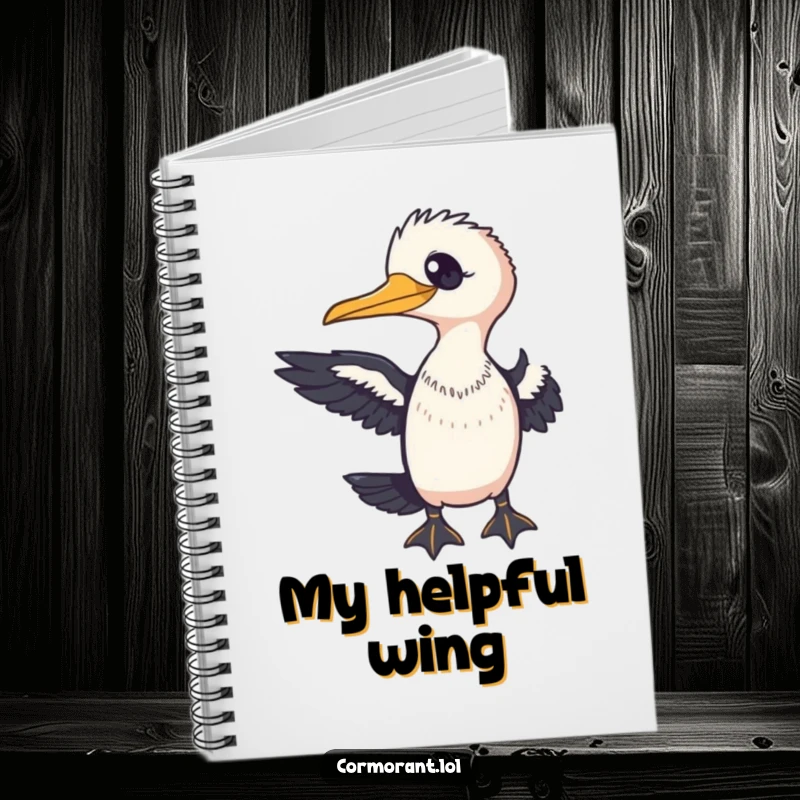 Funny Cormorant Notebook with a friendly bird extending a wing towards the viewer, perfect for journaling thoughts.