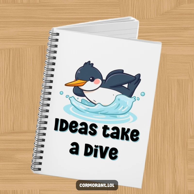 Funny kawaii cormorant notebook featuring a cheerful bird diving headfirst into water with a splash, perfect for note-taking.