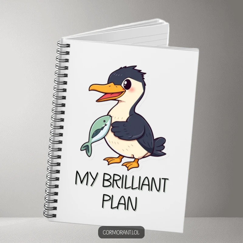 Funny cormorant notebook cover showing a smiling bird proudly holding a shiny fish in its beak, for recording achievements.