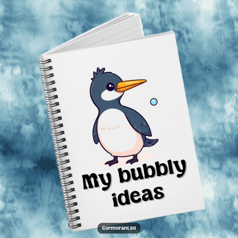 Funny Cormorant Notebook with a whimsical bird and a small bubble trailing behind it, perfect for creative notes.