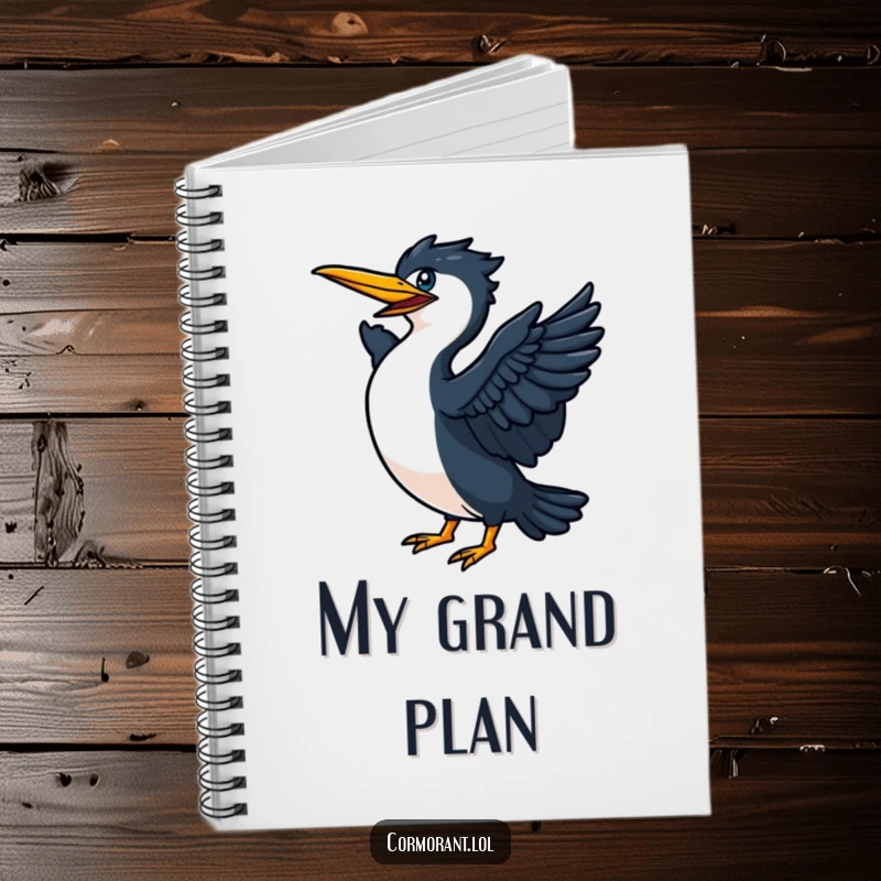 Funny Cormorant flapping its wings on a notebook cover, symbolizing energetic planning and ambitious ideas.