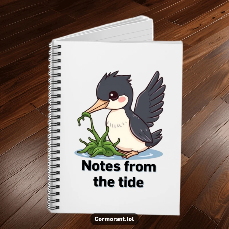 Funny cormorant notebook, a kawaii bird playfully nudging seaweed, ideal for jotting down notes and creative ideas.
