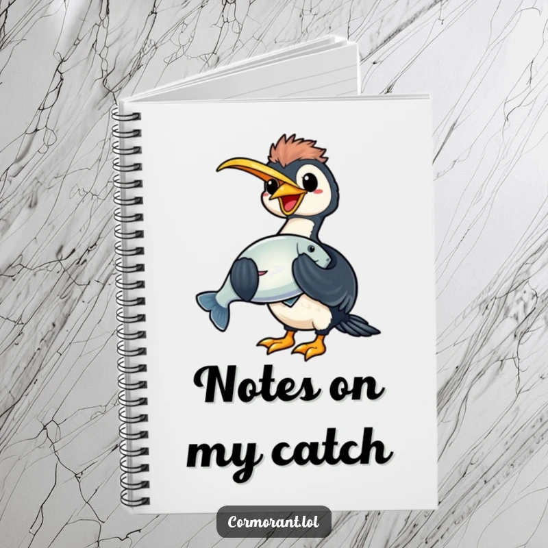 Funny kawaii cormorant notebook featuring a happy bird holding a large, shiny fish, perfect for note-taking.
