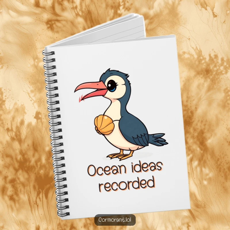 Funny Cormorant Notebook: A curious cormorant bird examines a seashell, ideal for jotting down thoughts with a touch of humor.