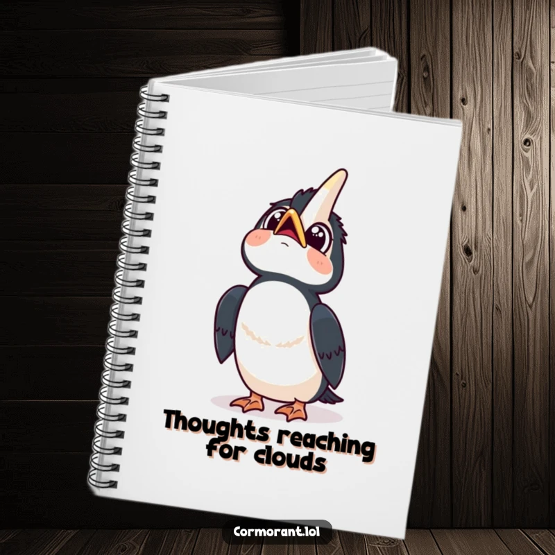 Funny notebook with a kawaii cormorant looking up at the sky with wide, curious eyes and a happy tilt, for journaling wonder.