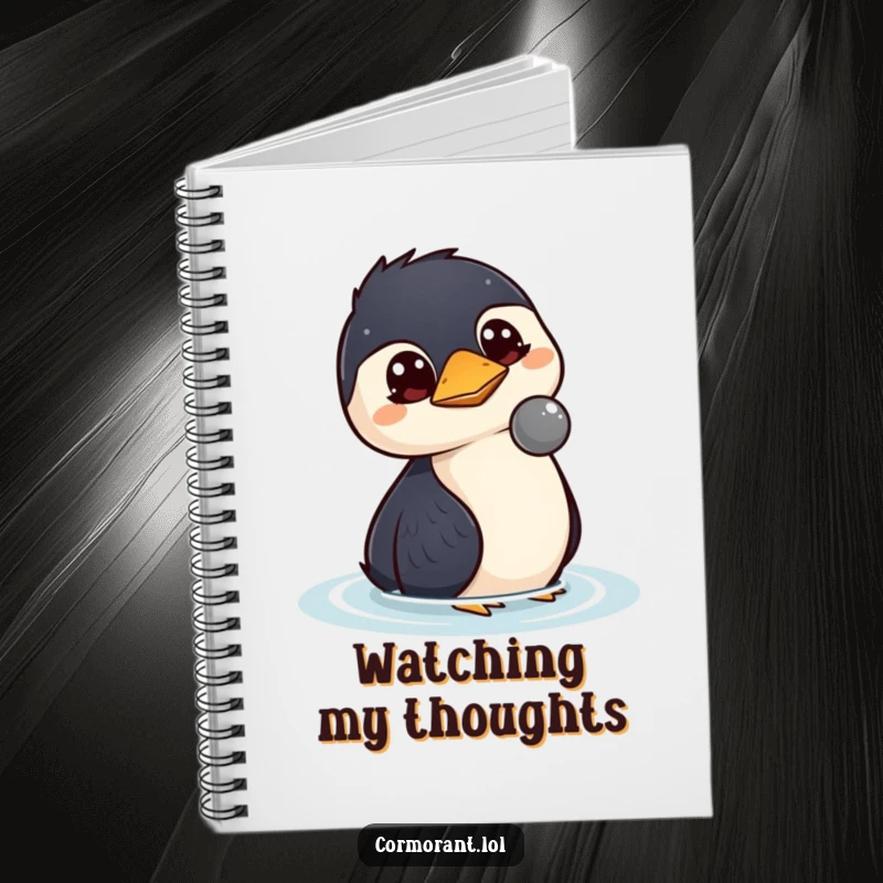 Funny kawaii cormorant notebook featuring a bird with wide, curious eyes watching a floating object, perfect for note-taking.
