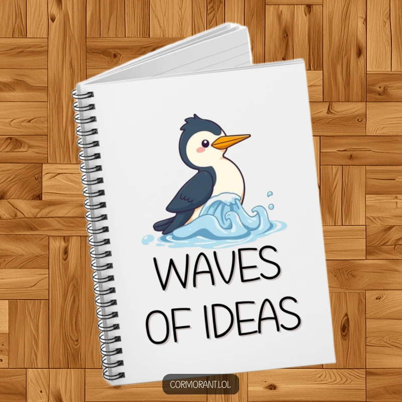 Funny Cormorant Notebook with a cute kawaii bird playfully chasing a wave, ideal for notes, sketches, and seaside inspiration.