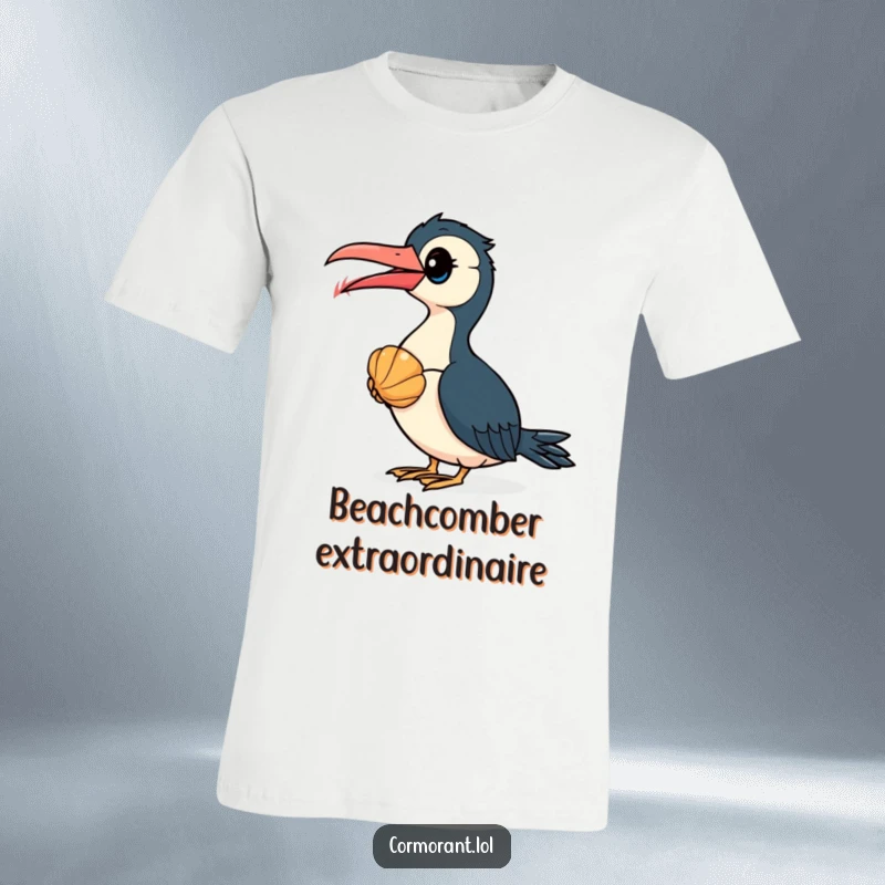 Funny Cormorant T-Shirt: A curious cormorant bird is captivated by a colorful seashell, embodying playful discovery in a humorous design.