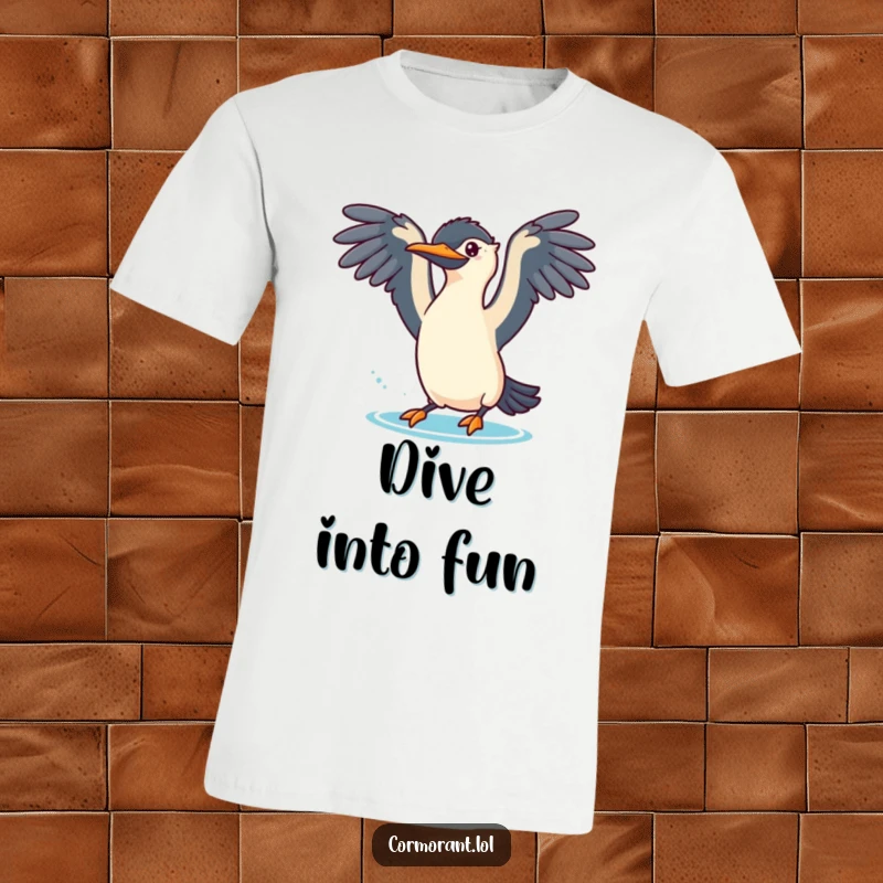 Funny cormorant t-shirt featuring a bird with wings spread wide, about to make a playful dive, celebrating water fun.