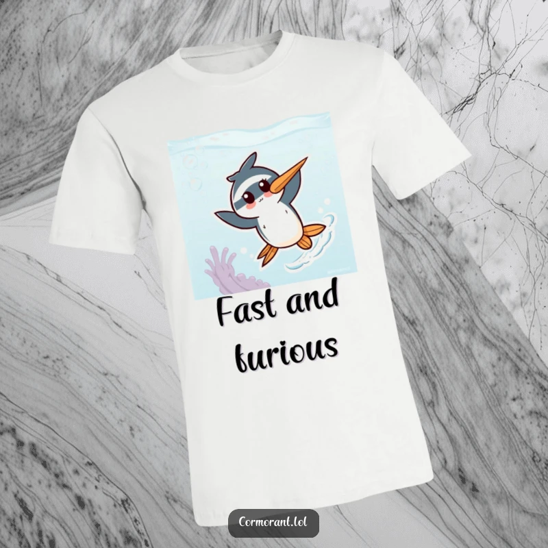 Funny Kawaii Cormorant T-Shirt: A cute bird character energetically zipping through a colorful underwater world, showcasing speed and joy.