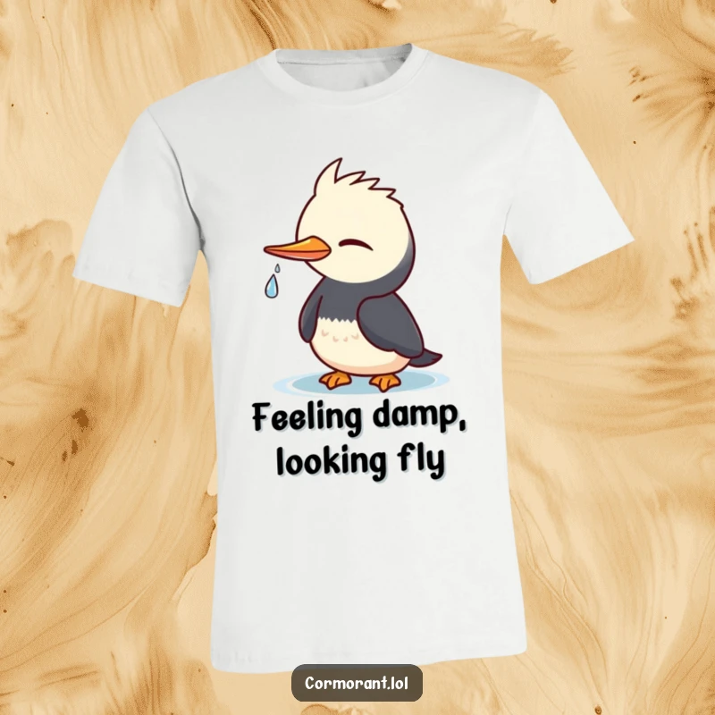 Funny Cormorant T-Shirt: Cute kawaii bird winking mischievously, a small water droplet, ideal funny gift.