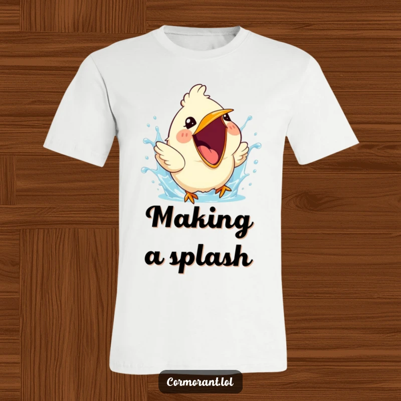 Funny t-shirt featuring a cute bird with its beak wide open, creating a joyful splash of water.
