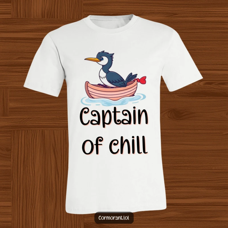 Funny Cormorant T-Shirt featuring a cormorant joyfully riding a small, whimsical boat, embodying adventure and lighthearted fun.