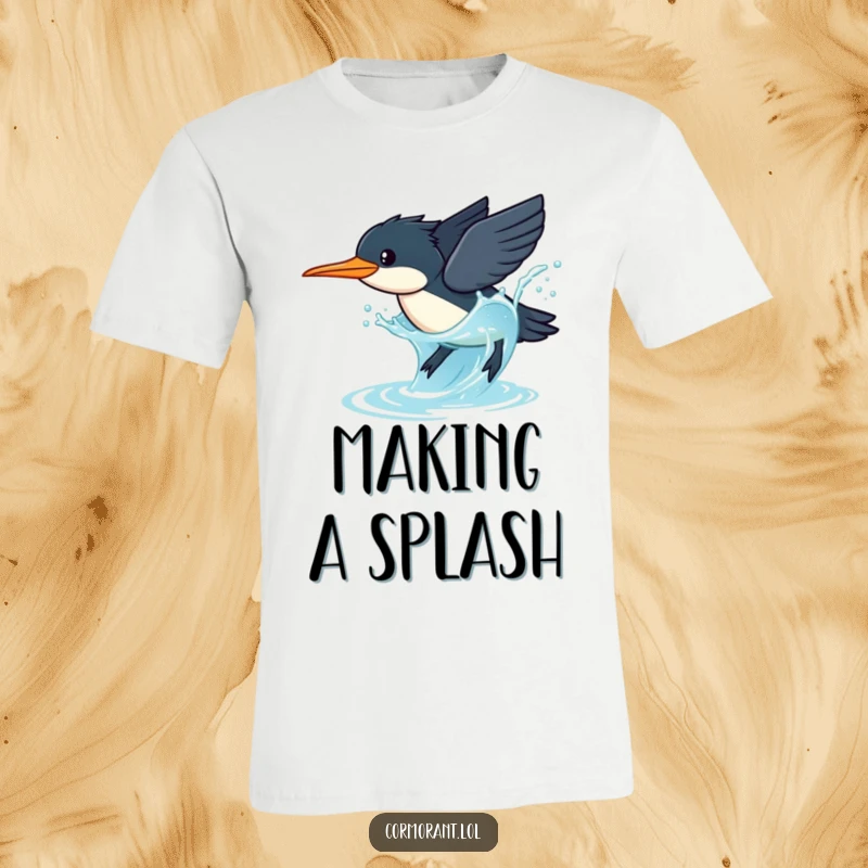 Funny Cormorant T-Shirt: A kawaii cormorant executes a graceful dive into sparkling blue water, creating a dynamic splash.