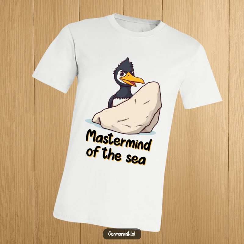 Funny Cormorant T-Shirt: A sly cormorant grins with a mischievous look while peeking from behind a rock, embodying cheeky humor.