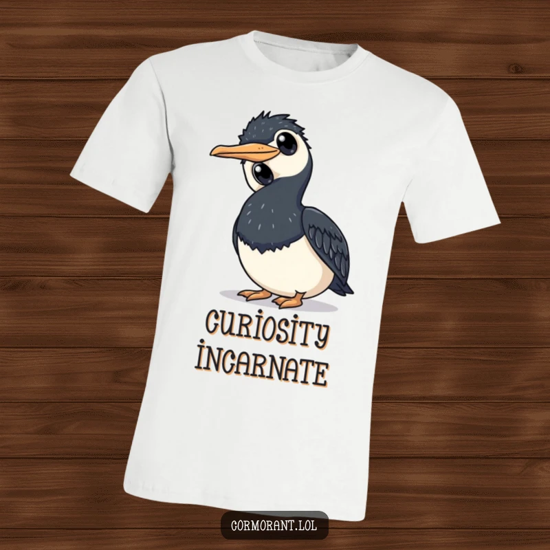 Funny cormorant t-shirt depicting a bird tilting its head with large eyes, perfect for conveying curiosity.