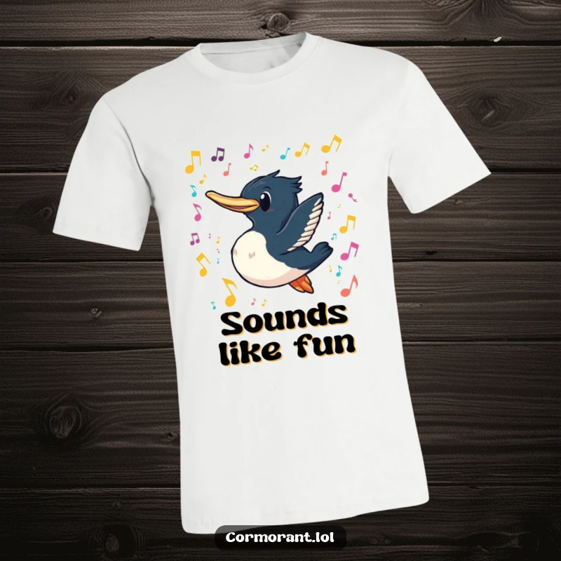 Funny cormorant t-shirt featuring a cormorant with a playful grin swimming amidst a shower of colorful, floating musical notes, celebrating rhythm.