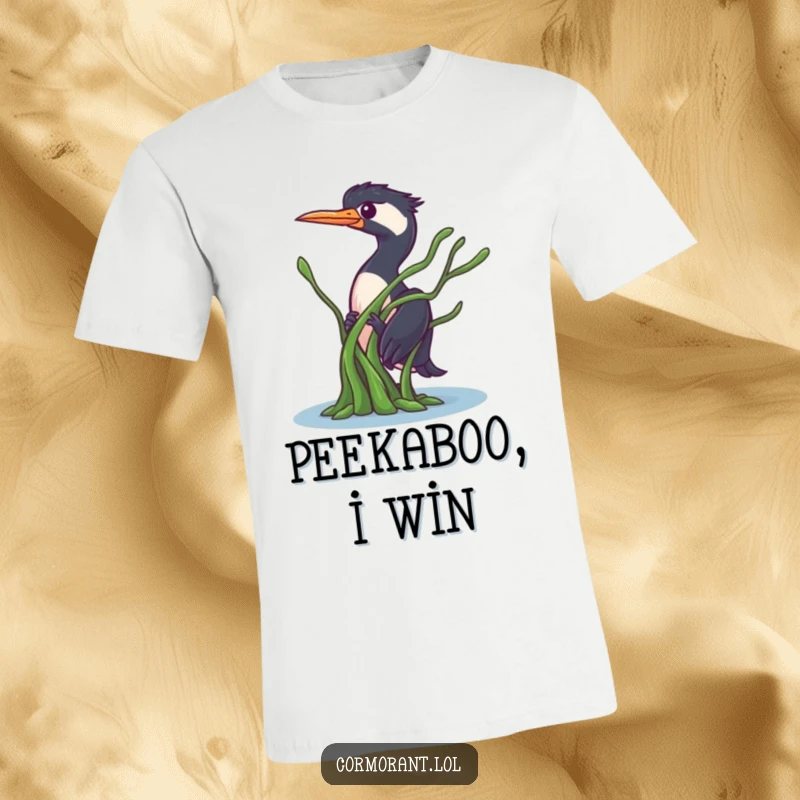 Funny Cormorant T-Shirt: A stealthy bird character playfully peeking out from behind a lush piece of floating seaweed, full of intrigue.