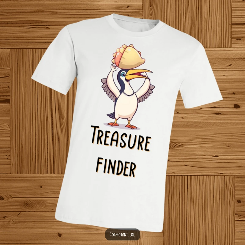 Funny cormorant t-shirt, triumphant bird holding a shiny, colorful shell in beak, expressing pride and accomplishment, beach vibe.