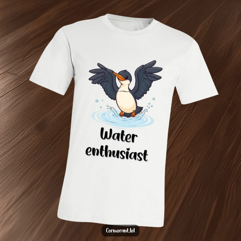 Funny cormorant t-shirt depicting a bird diving into water with wings spread, ideal for summer and bird enthusiasts.