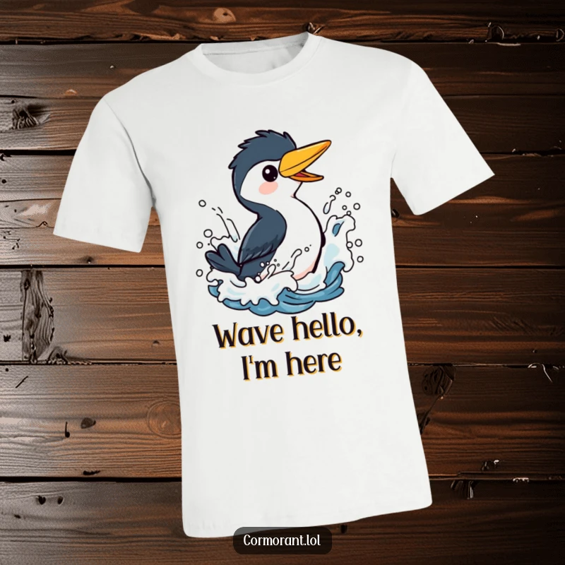 Funny Cormorant T-Shirt: A cheerful bird having a blast, splashing energetically amidst stylized ocean waves, embodying pure, unadulterated fun.