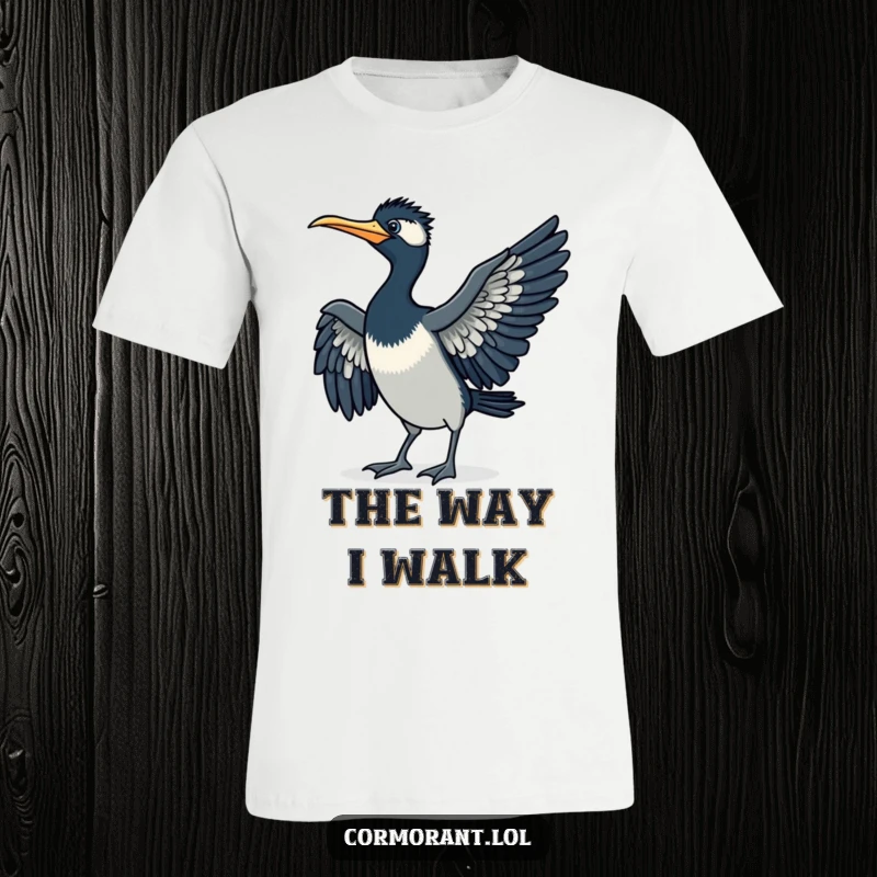 Funny cormorant t-shirt, doing a little strut, wings spread, conveying playful confidence, ideal for a humorous funny gift.
