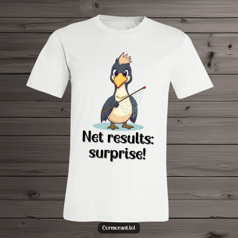 Funny Cormorant T-Shirt: A comically surprised cormorant holds a misplaced net, embodying a moment of avian bewilderment and humor.