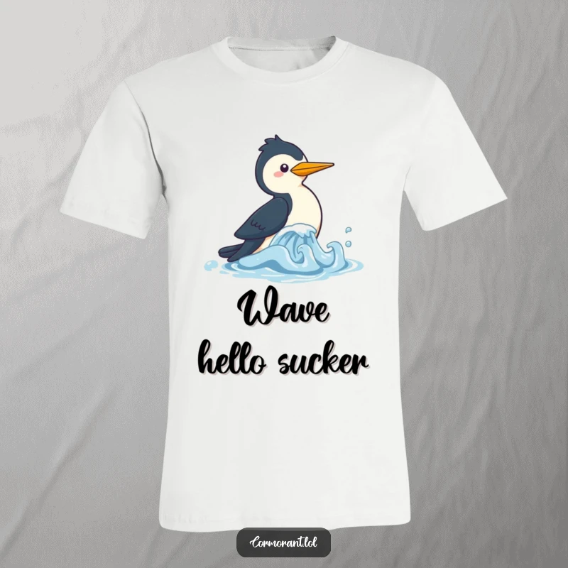 Funny Cormorant T-Shirt with a charming kawaii bird playfully pursuing a bobbing wave, ideal for casual wear and sunny days.