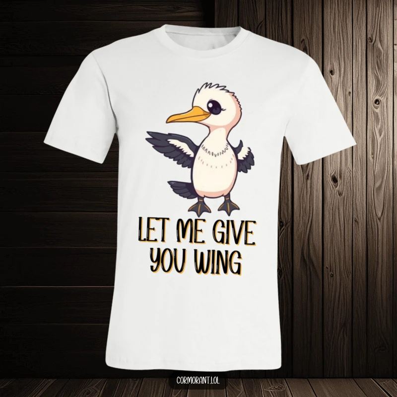 Funny Cormorant T-Shirt with a friendly bird extending a wing towards the viewer, conveying warmth and connection.