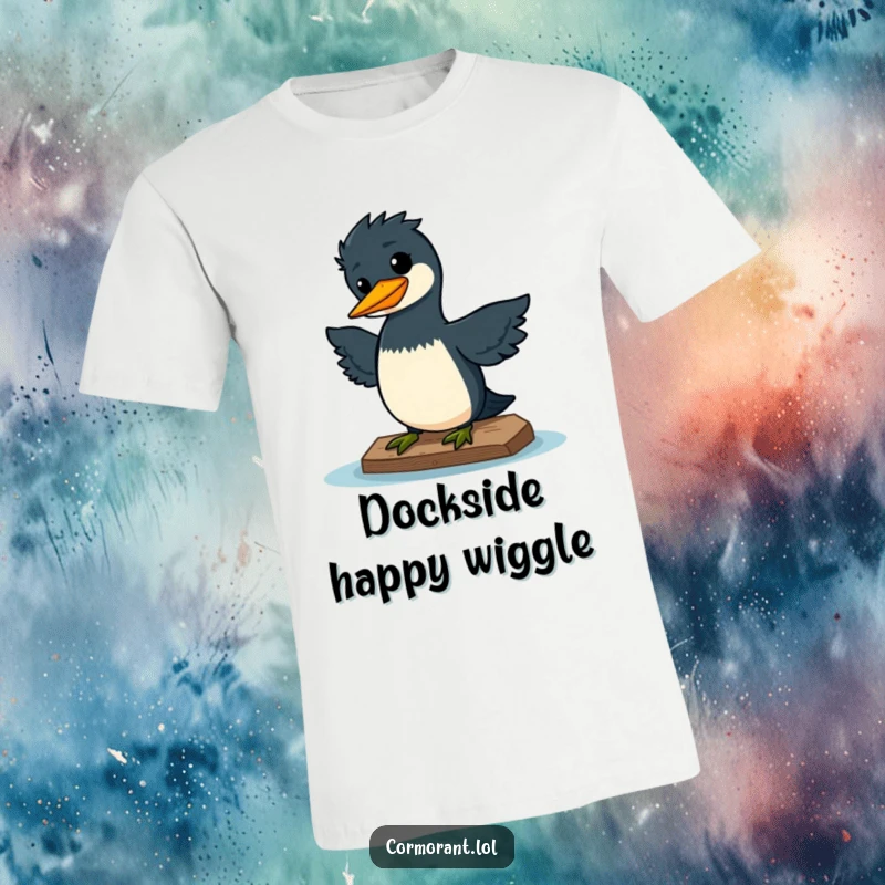 Funny t-shirt depicting a kawaii cormorant performing a silly wiggle on a dock, radiating pure contentment.
