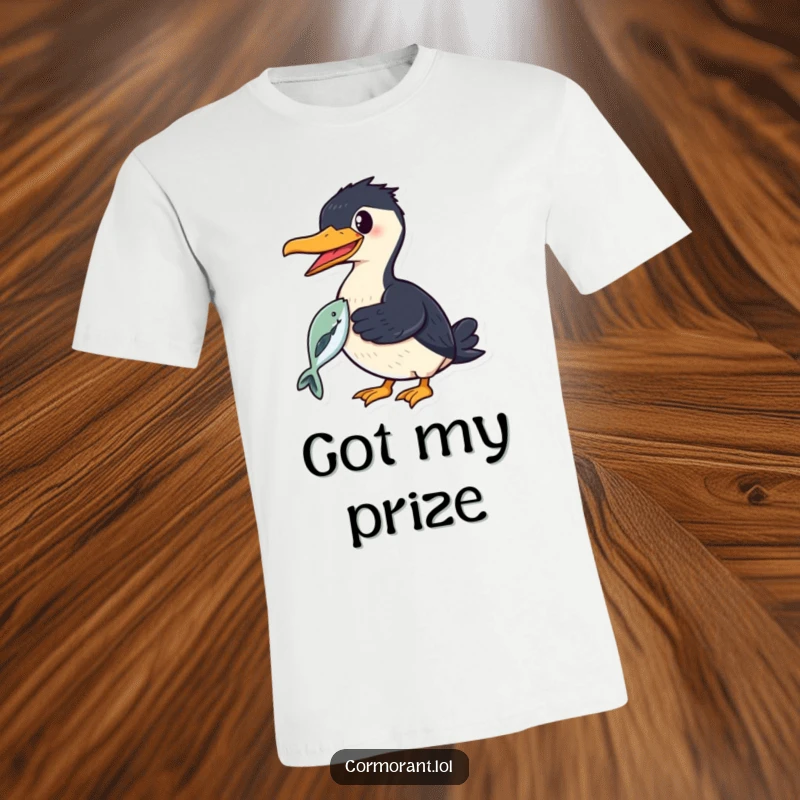 Funny cormorant t-shirt featuring a smiling bird proudly holding a shiny fish in its beak, celebrating a successful catch.