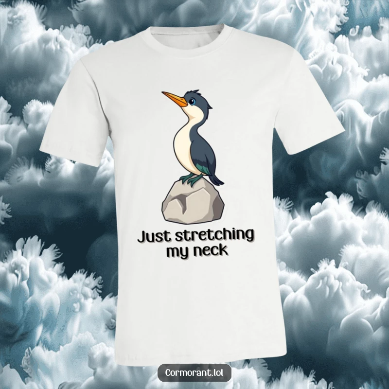 Funny Cormorant Bird T-Shirt: A hilarious illustration of a little cormorant perched on a rock, stretching its curious neck skyward.